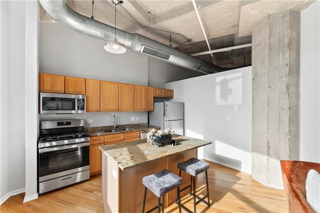 kitchen with hanging light fixtures, stainless steel appliances, a high ceiling, a center island, and light hardwood / wood-style floors