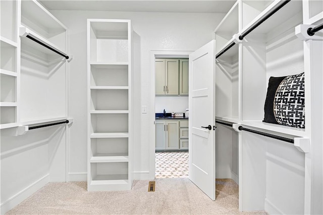 spacious closet featuring light colored carpet