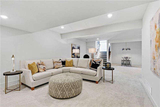 25110 W 98th Pl, Lenexa, KS 66227 - carpeted living area with stairs, recessed lighting, and beam ceiling