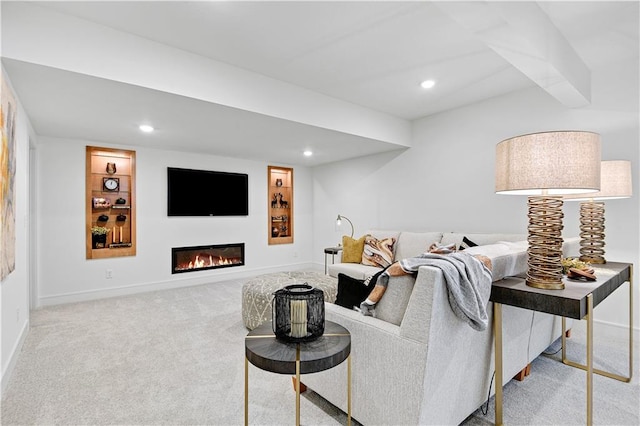 living room featuring light carpet