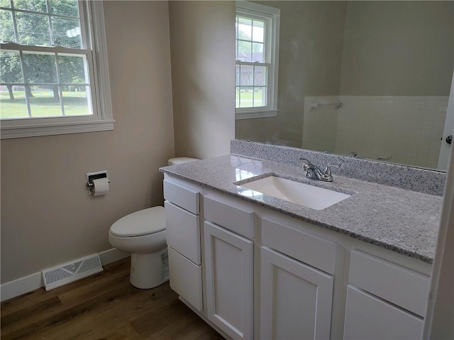 bathroom with vanity, toilet, and hardwood / wood-style flooring