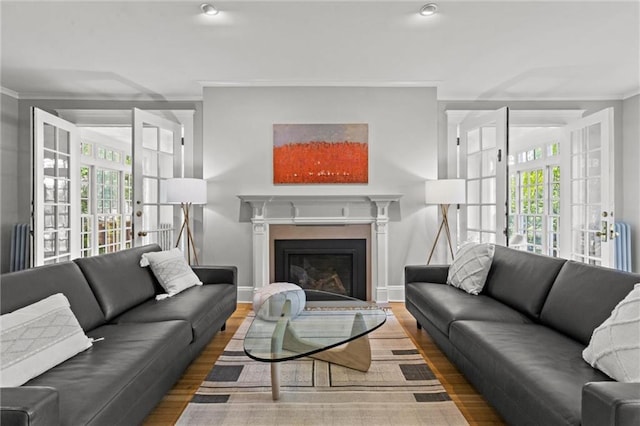 living room featuring hardwood / wood-style floors, crown molding, and french doors