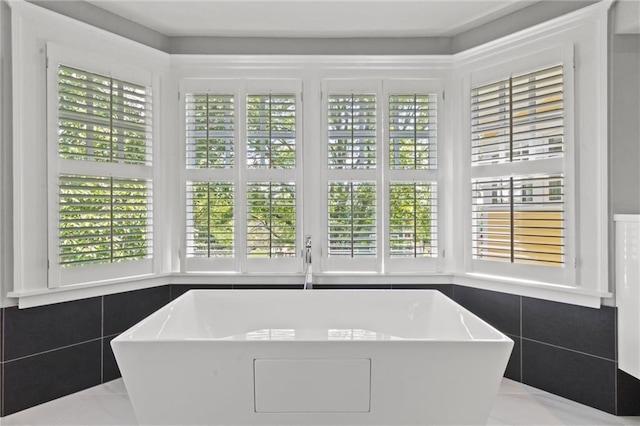 bathroom with a bathing tub and tile walls