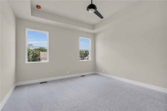 spare room with ceiling fan, a raised ceiling, carpet, and a healthy amount of sunlight