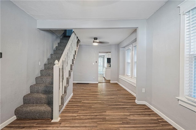 entryway featuring dark hardwood / wood-style floors, ceiling fan, and plenty of natural light