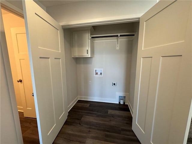 laundry area featuring hookup for a washing machine, hookup for an electric dryer, dark wood-style flooring, and baseboards