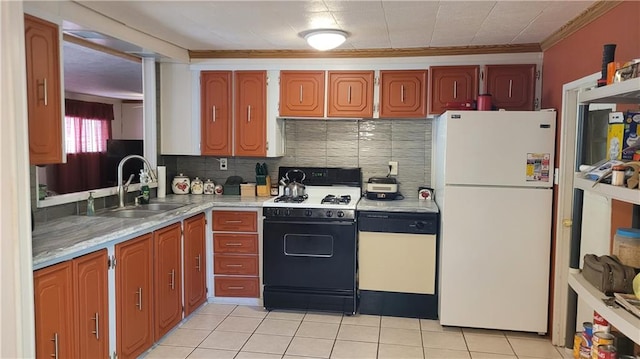 kitchen with black range oven, white refrigerator, light tile patterned floors, crown molding, and sink