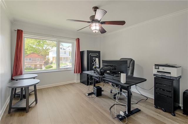 office area with ceiling fan, light hardwood / wood-style floors, and ornamental molding