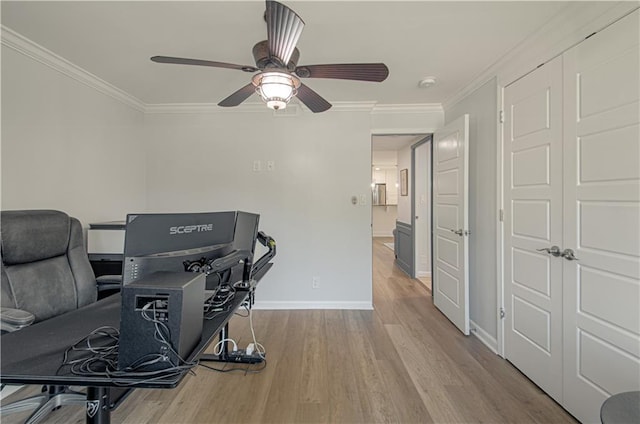 office area with ceiling fan, light hardwood / wood-style floors, and ornamental molding