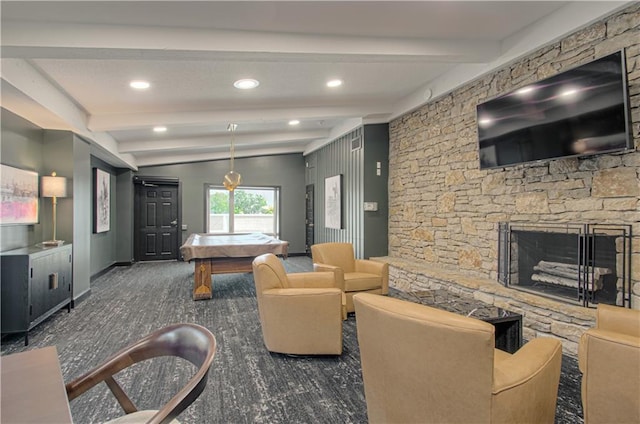 game room featuring vaulted ceiling with beams, a fireplace, and pool table