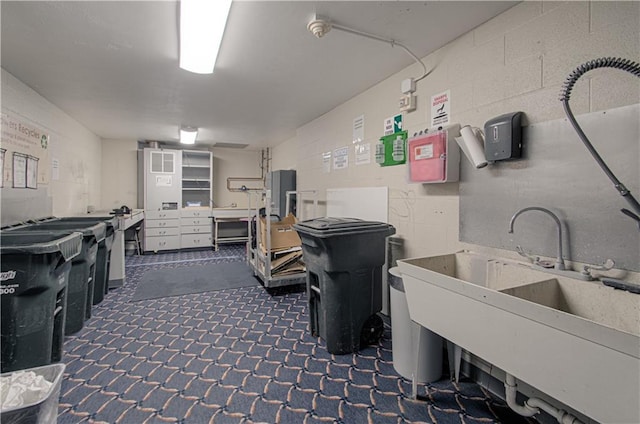 miscellaneous room featuring dark carpet and sink