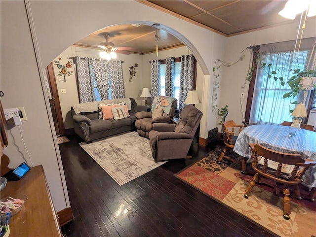 living room featuring hardwood / wood-style floors, ceiling fan, and ornamental molding