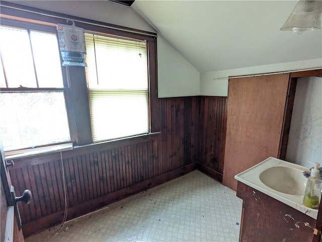 bathroom featuring wood walls, a wealth of natural light, and vaulted ceiling