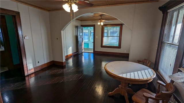 dining space with ceiling fan, crown molding, and dark hardwood / wood-style floors