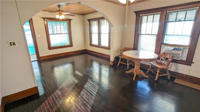 dining room featuring ceiling fan, a healthy amount of sunlight, dark hardwood / wood-style flooring, and crown molding