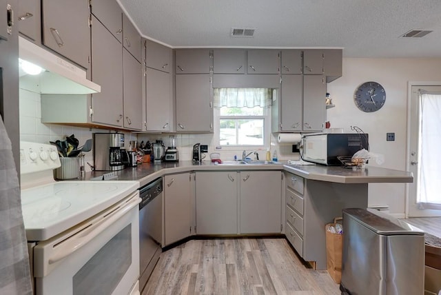 kitchen with electric stove, visible vents, stainless steel dishwasher, gray cabinetry, and a sink