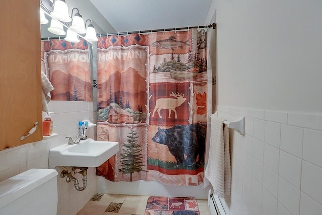 bathroom featuring tile walls, shower / bathtub combination with curtain, baseboard heating, toilet, and tile patterned floors