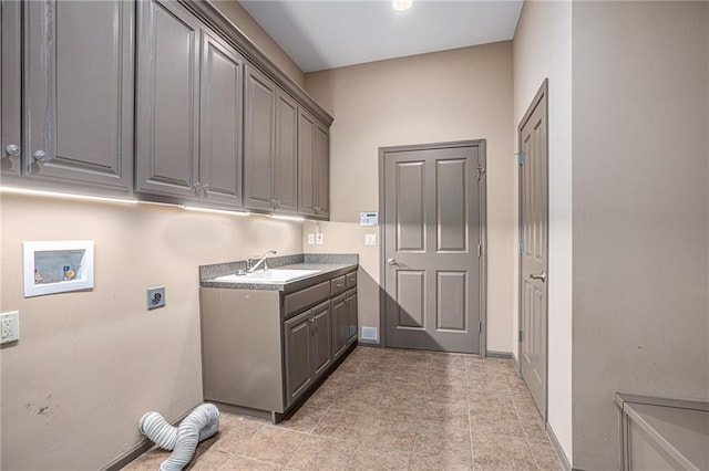 washroom featuring hookup for an electric dryer, hookup for a washing machine, cabinets, and sink