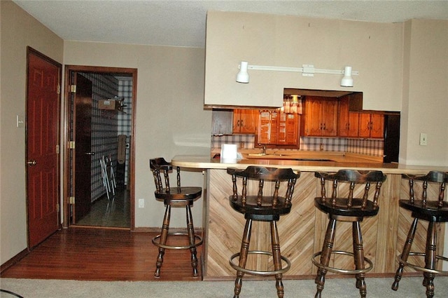 bar featuring decorative backsplash and carpet floors