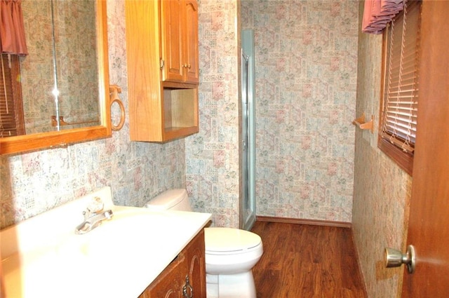 bathroom with vanity, wood-type flooring, a shower with shower door, and toilet