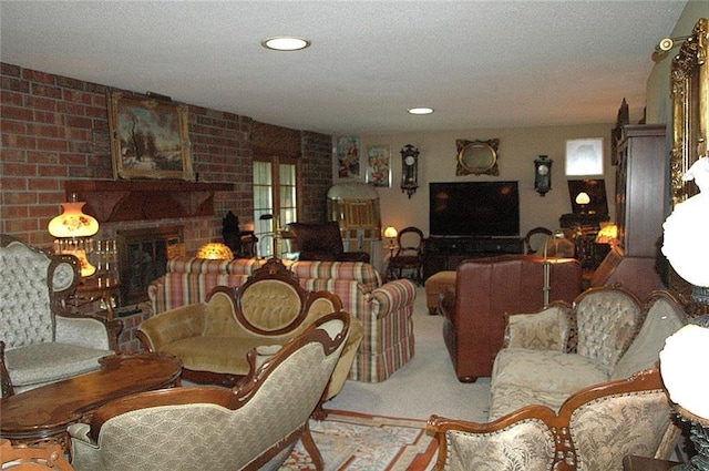 living room featuring light colored carpet and brick wall