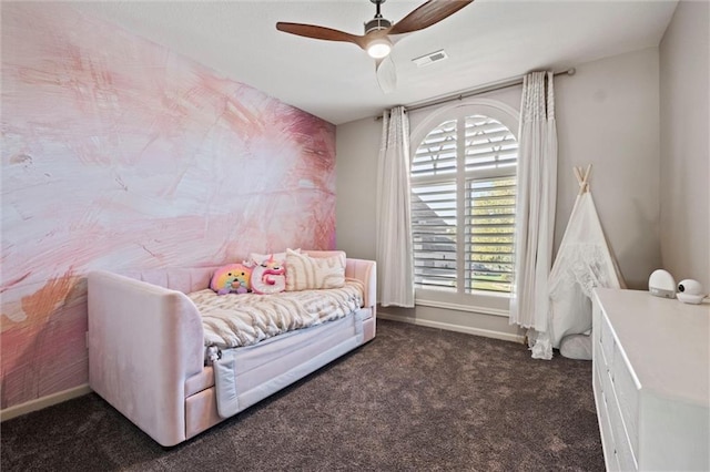 carpeted bedroom featuring ceiling fan