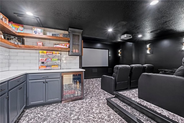 carpeted cinema with a textured ceiling