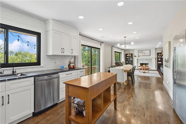 kitchen with sink, white cabinets, stainless steel appliances, and dark hardwood / wood-style floors