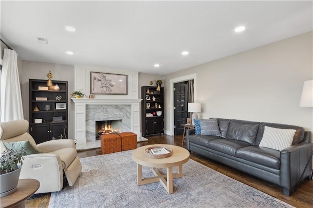 living room with a fireplace and wood-type flooring