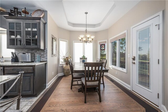 dining room with a notable chandelier, a raised ceiling, a healthy amount of sunlight, and dark hardwood / wood-style flooring