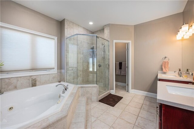 bathroom with vanity, separate shower and tub, and tile patterned floors