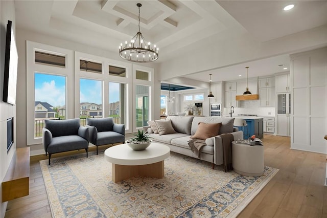17504 Acton St, Overland Park, KS 66085 - living room with recessed lighting, coffered ceiling, beamed ceiling, light wood-style flooring, and a notable chandelier