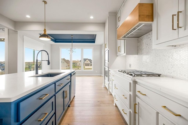 17504 Acton St, Overland Park, KS 66085 - kitchen featuring light wood-style flooring, a sink, blue cabinetry, light countertops, and premium range hood