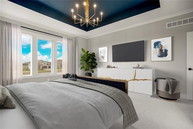 17504 Acton St, Overland Park, KS 66085 - bedroom with a raised ceiling, carpet, visible vents, and an inviting chandelier