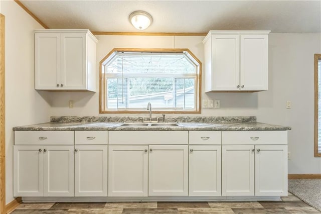 kitchen with hardwood / wood-style floors, sink, and white cabinetry