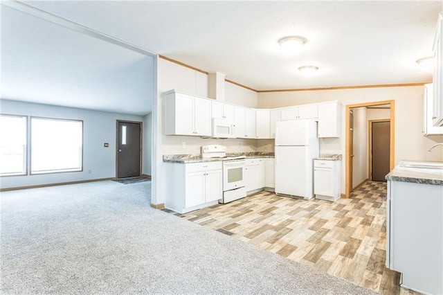 kitchen featuring ornamental molding, light wood-type flooring, white appliances, and white cabinetry