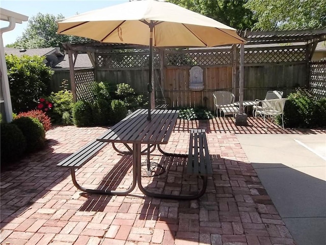 view of patio featuring a fenced backyard, a pergola, and outdoor dining space
