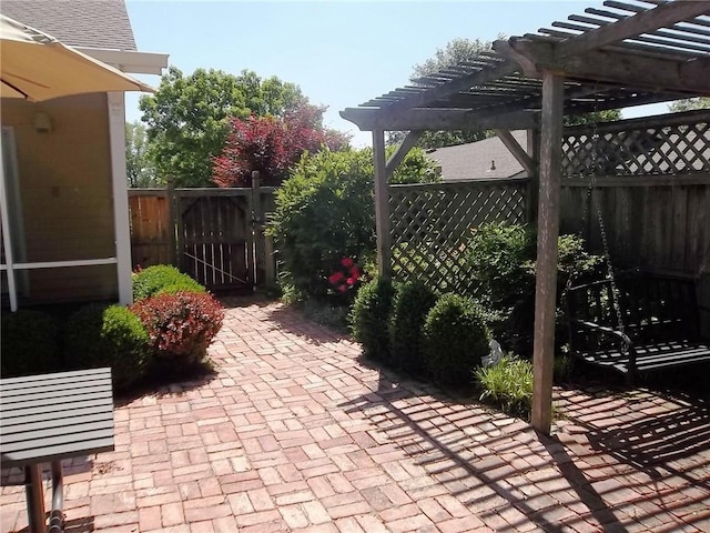 view of patio featuring a gate, a fenced backyard, and a pergola