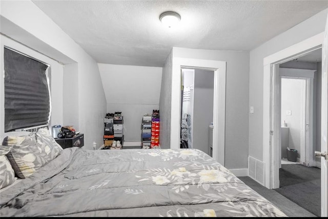 carpeted bedroom with vaulted ceiling, a textured ceiling, and ensuite bathroom