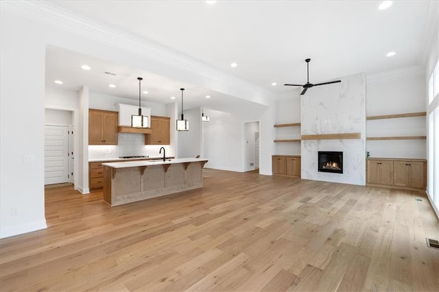 kitchen featuring a spacious island, a high end fireplace, pendant lighting, and light wood-type flooring