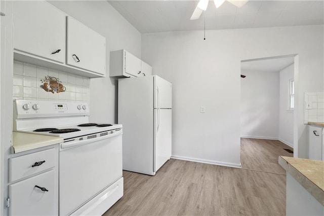 kitchen featuring light hardwood / wood-style floors, white cabinetry, decorative backsplash, white appliances, and ceiling fan