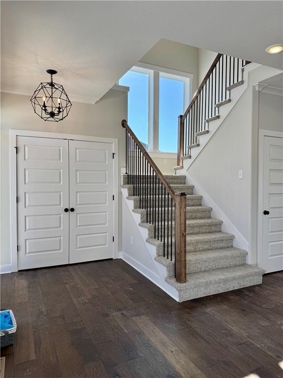 foyer featuring a notable chandelier and dark wood-type flooring