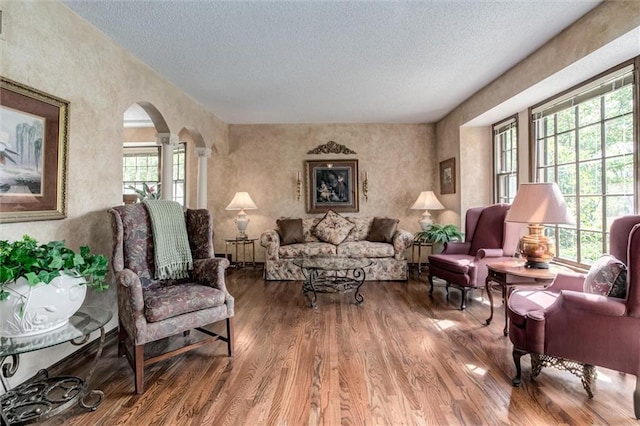 sitting room featuring a textured ceiling, hardwood / wood-style flooring, and a healthy amount of sunlight