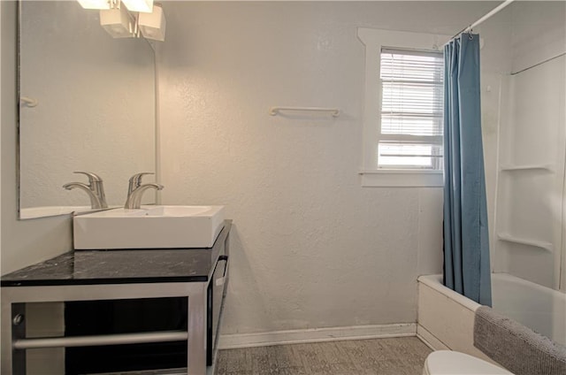 full bathroom with shower / bath combination with curtain, vanity, beverage cooler, wood-type flooring, and toilet