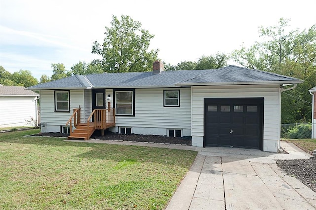 single story home with a garage and a front yard