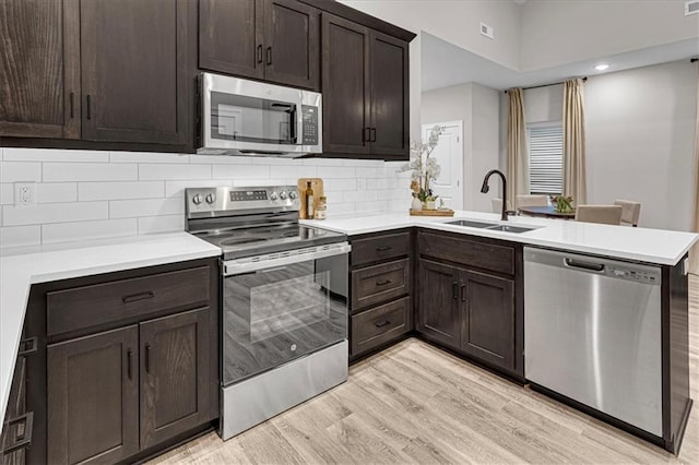 kitchen with kitchen peninsula, appliances with stainless steel finishes, light wood-type flooring, dark brown cabinets, and sink