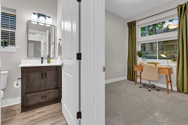 bathroom with wood-type flooring, vanity, and toilet