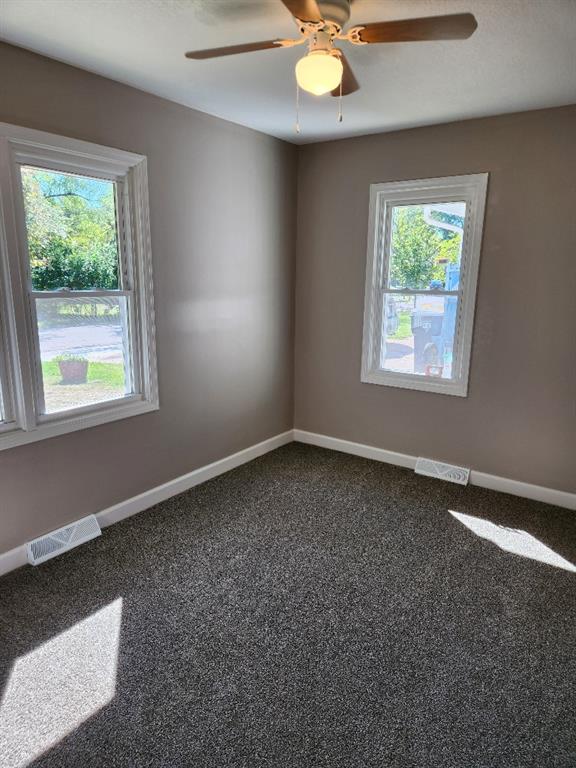 carpeted spare room with ceiling fan and plenty of natural light