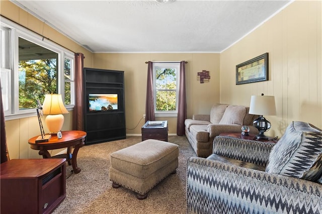 living room featuring plenty of natural light, carpet floors, and crown molding