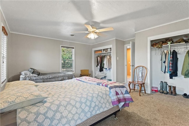 carpeted bedroom with ceiling fan, two closets, and ornamental molding